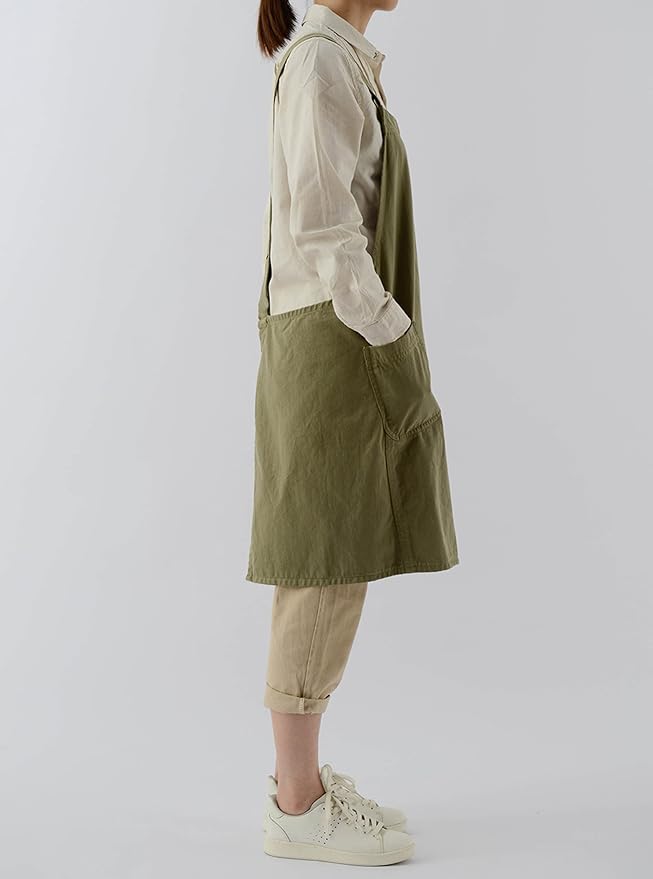 Japanese Cotton Linen Cross Back Apron with Pockets,Fashion Pinafore Dress for Gardening Painting Cleaning Cooking - Image 3