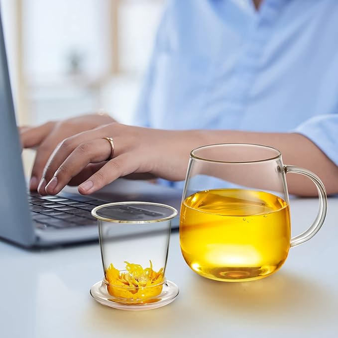 Lezero Glass Tea Cup with Strainer and Lid Gift Kit, Borosilicate Infuser Mugs with Filter for Blooming & Loose Leaf Tea, Heat Resistance, Lead-free, Microwave & Dishwasher Safe, 17oz