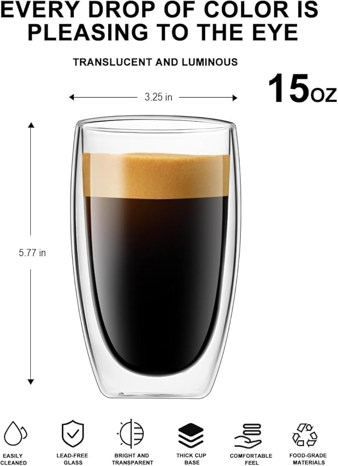 LUXU 16 Oz Double Walled Glass Coffee Mugs,2-Pack Premium Coffee Cups,Double Wall Insulated Glass Coffee Cups,Clear Borosilicate Glasses Mugs,Perfect for Cappuccino,Espresso,Hot Beverage and Beverage.