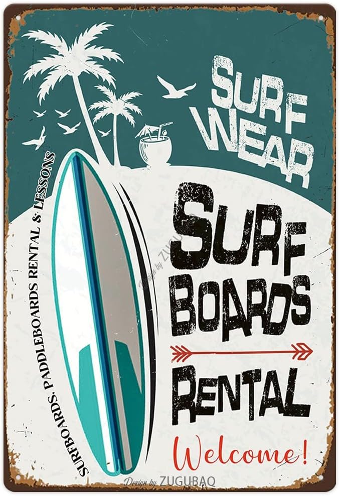 Vintage Tin Signs Wall Decor, Surf Boards Rental, Retro Metal Sign for Outdoor Indoor Home Beach Garden Tub Bar Farmhouse Cafe Gate Fence 8X12 Inch Decorations by ZUGUBAQ