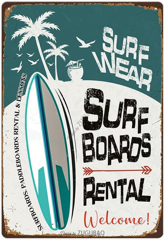 Vintage Tin Signs Wall Decor, Surf Boards Rental, Retro Metal Sign for Outdoor Indoor Home Beach Garden Tub Bar Farmhouse Cafe Gate Fence 8X12 Inch Decorations by ZUGUBAQ