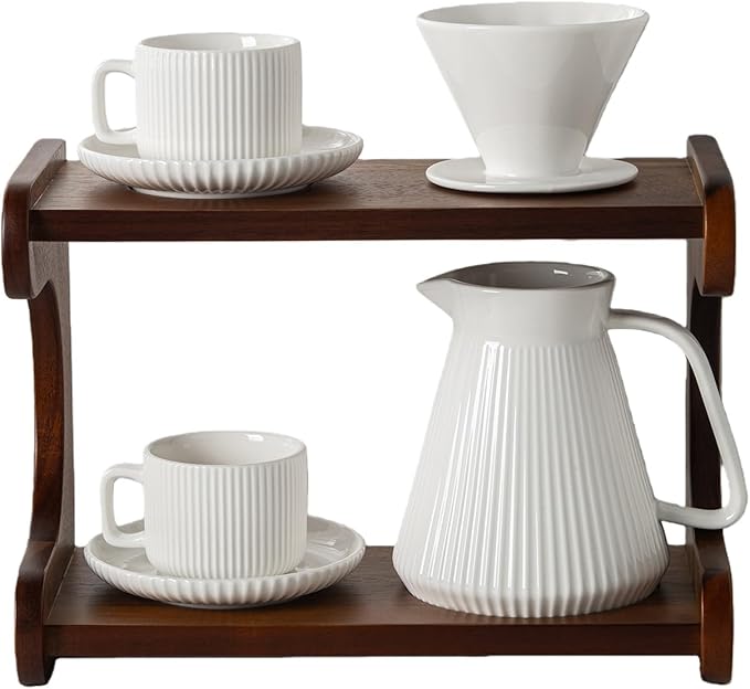 Pour Over Coffee Maker Set, 22OZ Ceramic Pour Over Coffee Dripper with Acacia Wood Stand and 5OZ Cups and Saucers Set of 2, Size 02