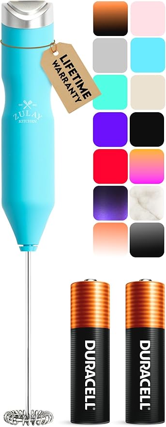 Zulay Kitchen Powerful Frother Wand AA Batteries Included, Ultra Fast Handheld Drink Mixer, Comfort Milk Frother, Stainless Steel Whisker, Frother Handheld for Coffee, Protein & Matcha - Frothmate 2.0
