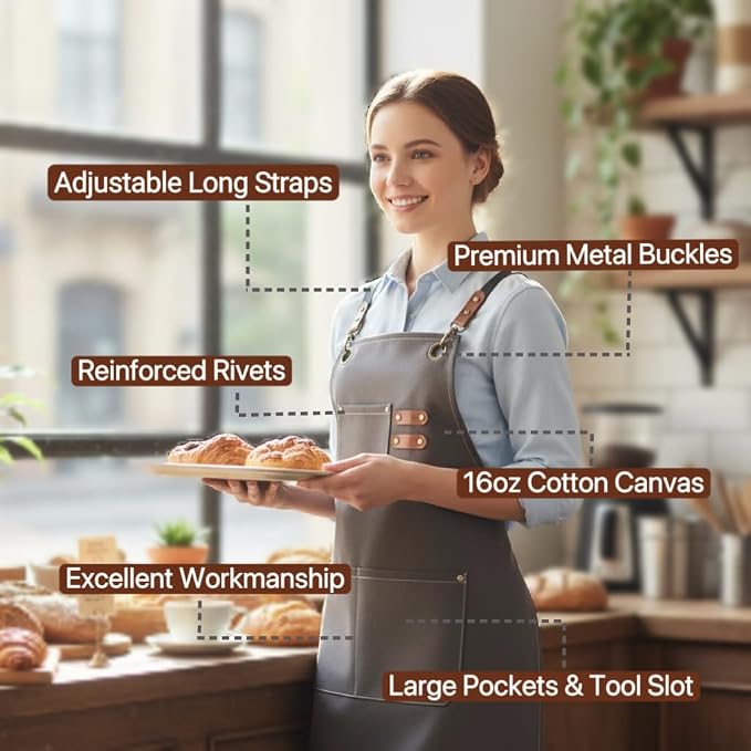 Aprons for Men Women with 3 Pockets, 16oz Cotton Canvas Chef Apron | Crossback Heavy Duty Kitchen Apron for Cooking, Durable Work Apron for Grilling, Baking, Hairstylist, Bartender, Barista, Art - Image 5