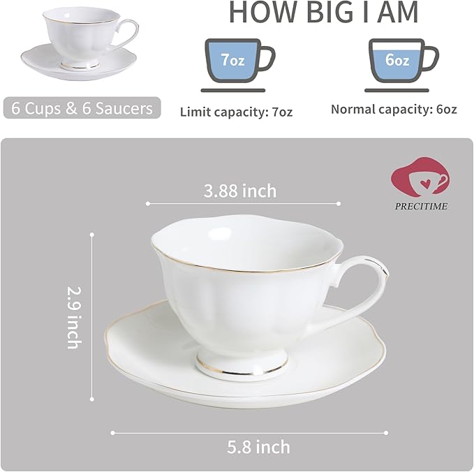 White Ceramic Tea Cup and Saucer Set of 6 (12-Piece) - 6oz Elegant Porcelain Cups with Gold Rim, 6 Cups & 6 Saucers for Tea Party