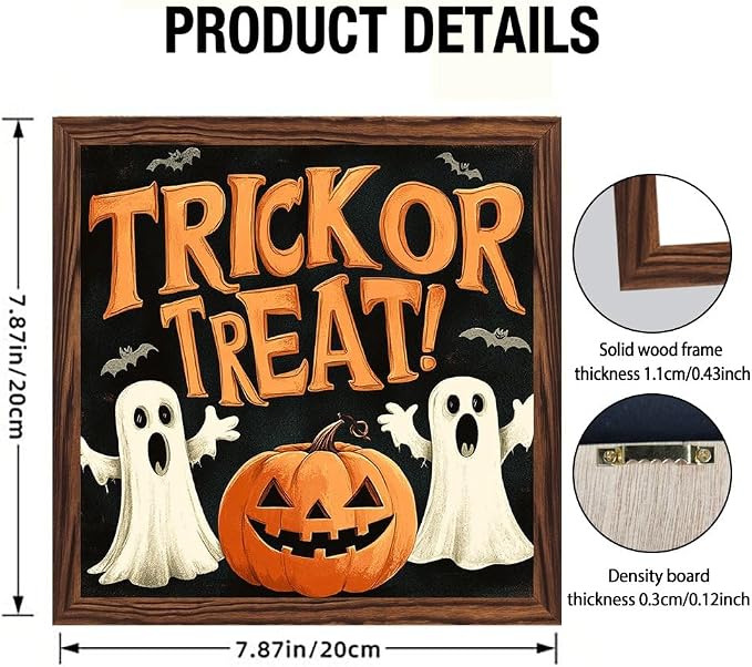 Whimsical Halloween Decorative Sign Trick or Treat Ghosts & Pumpkin Wooden Sign, With Frame Festival Sign for Home Office, Cafe, Bedroom Halloween Decor 7.87x7.87 Inch - Image 4