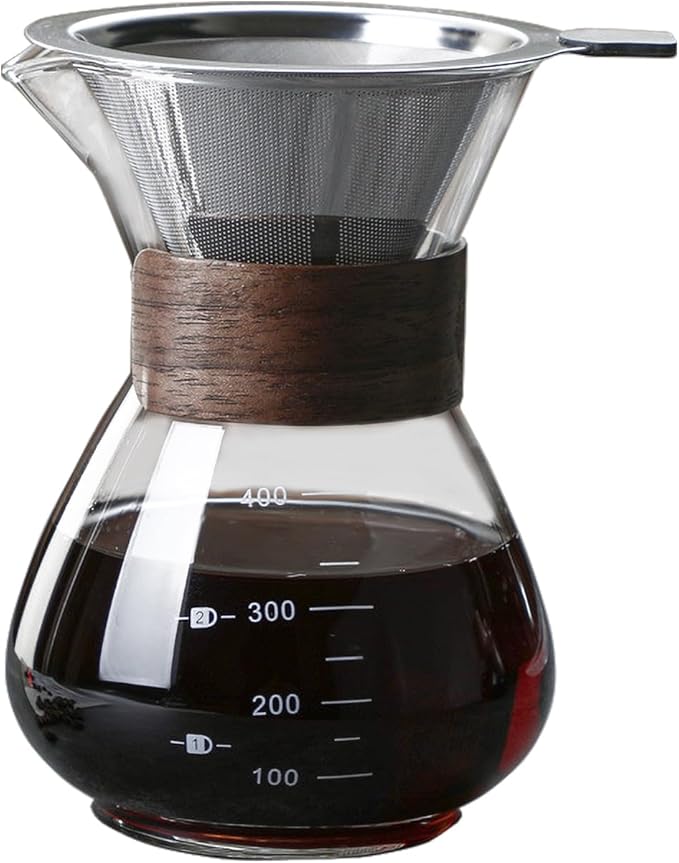 BeeCa Pour Over Coffee Maker Set, Single-Serve Coffee Essential, Reusable Double Stainless Steel Filter + Borosilicate Glass Carafe, Stylish Wood Collar, 2 Cup 400 ml/13.5 oz Portable & Easy Clean