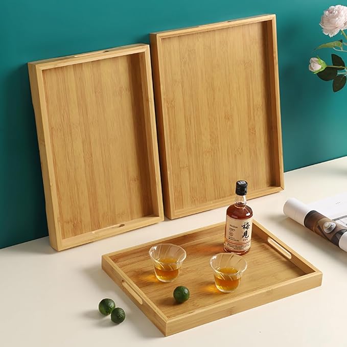 RT&BS Bamboo Tray, Bamboo Barbecue Tray with Handles, Bamboo Tea Trays, Basket Trays for Food, Drinks, Decor, Vanity in Kitchen, Dining Room, Restaurant, Bar, Cafés, Bathroom