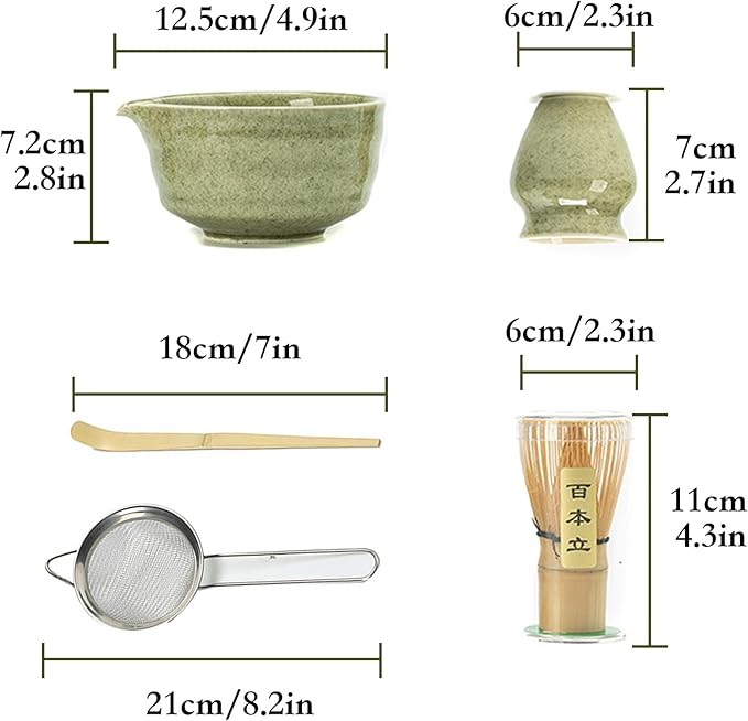 5-PCS Japanese Matcha Tea Set - Ceramic Bowl with Spout & Holder, Bamboo Whisk (Chasen), Scoop, Sifter - Complete Traditional Tea Ceremony Kit for Beginners, Gift for Tea Lovers (Light green)
