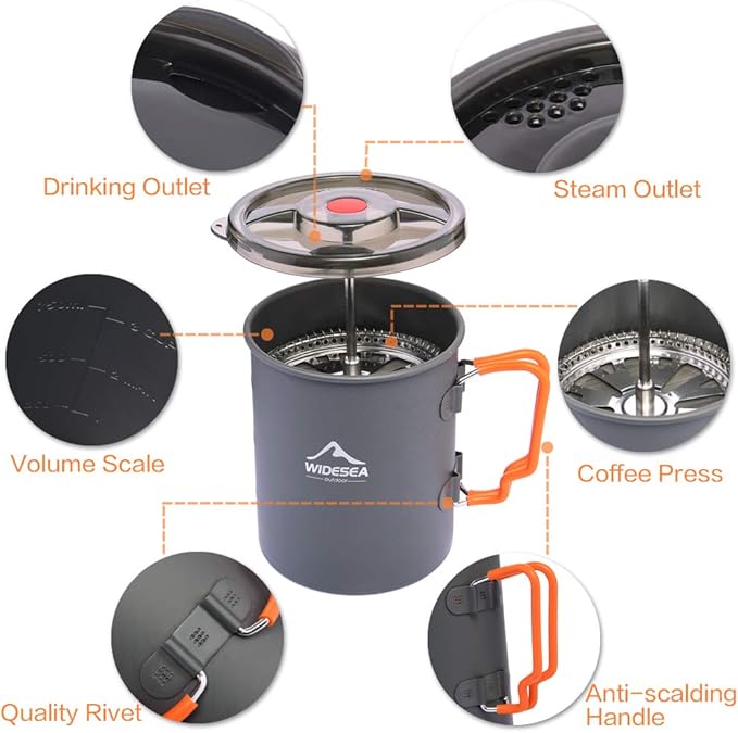 widesea Camping Coffee Pot 750ML, French Press Coffee Maker,Lightweight Backpacking Pot with Collapsible Handle For Camping,Hiking,Fire Cooking