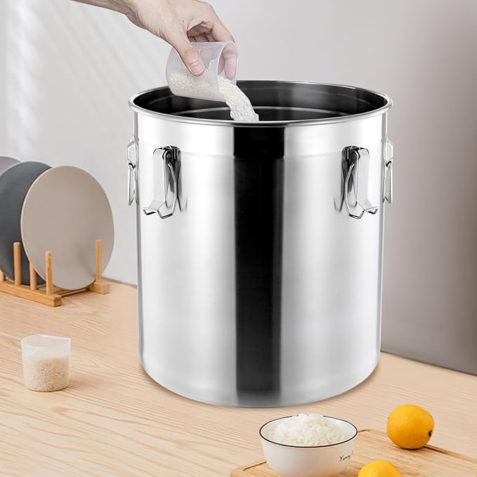 304 Stainless Steel Airtight Canister, Kitchen Metal Food Storage Canisters w/Airtight Lid & Locking Clamp, Cereal Container for Rice Flour Milk Coffee Bean, Silver (48L)