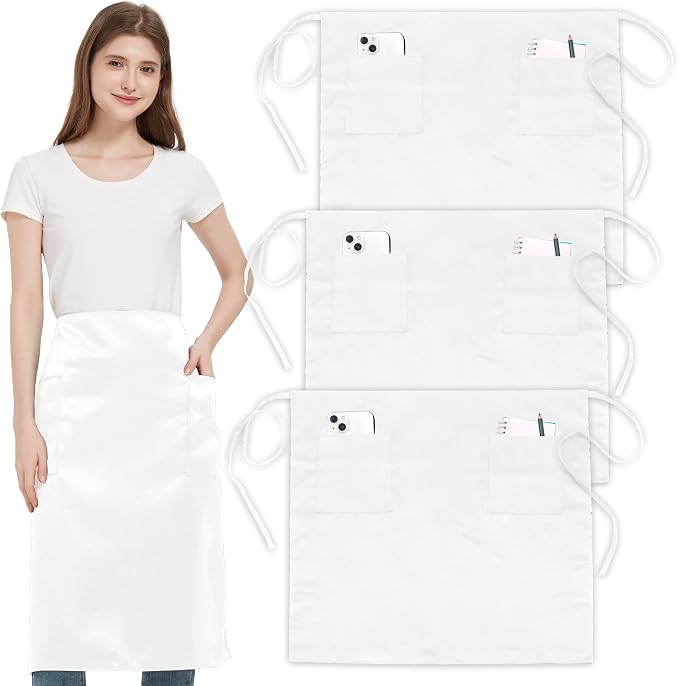 3 Pack Waist Apron with 3 Pockets, Unisex Black Waiter Aprons, Water Resistant Server Aprons for Restaurant Chef Bar by FunChaos