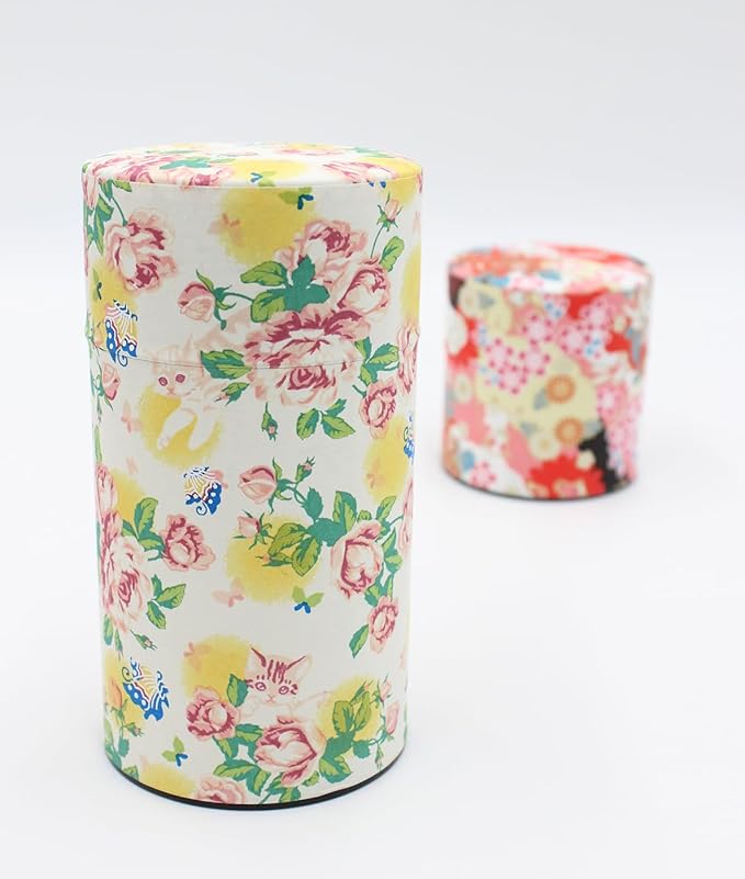 Japanese Pokkan Matcha Coffee Spice Tea Tin Canister Washi Paper Storage with Lid 7.05 oz Capacity (Neko/L)