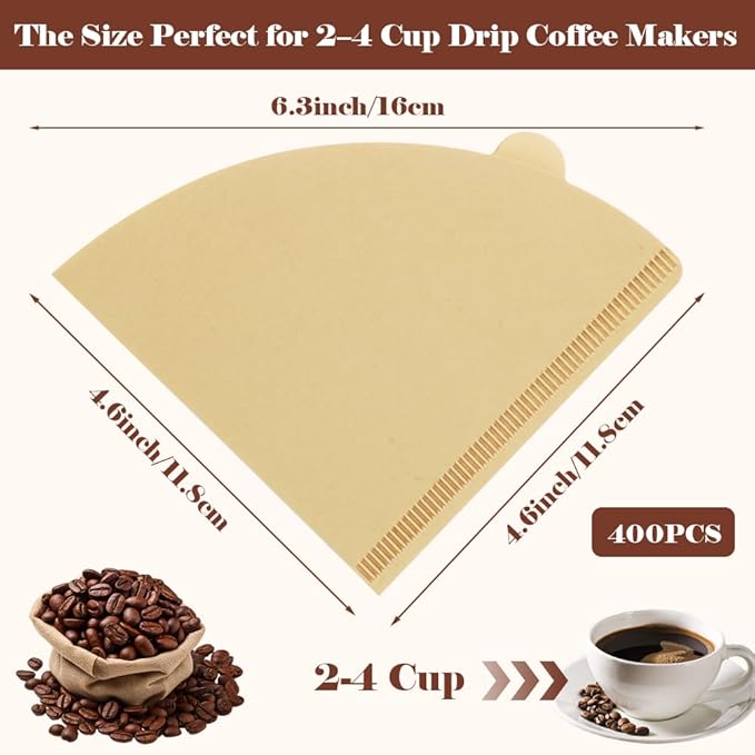 YQL 400 Count Coffee Filters, Size 02 Natural Brown Cone Filter Paper Compatible with Drip Makers and Pour Over Brewers, V-Shaped Unbleached Disposable Filters, Clean Taste & Strong Design