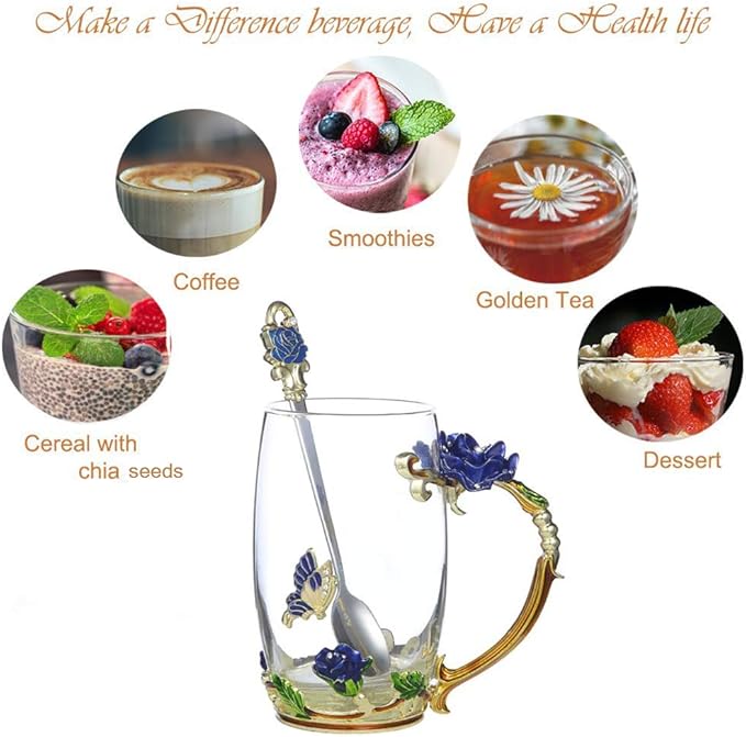 Gifts for Mom Women Unique Blue Tea Mug With Spoon Set & Flower Decoration - Top Birthday Christmas Gifts For Women Mom Who Has Everything