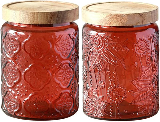 Glass Jar with Lid, Vintage Glass Storage Jars with Airtight Lid Coffee Canister Sugar Container for Kitchen Counter Pantry, Flour, Candy, Tea, Coffee Beans, Oats (Begonia Sunflower Red)