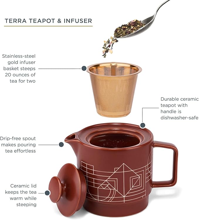 Tea Forte Terra Stoneware Teapot with Infuser and Lid, Frank Lloyd Wright, 20 oz. Sienna Stoneware Pot for Steeping Loose Leaf Tea, Dishwasher & Microwave Safe