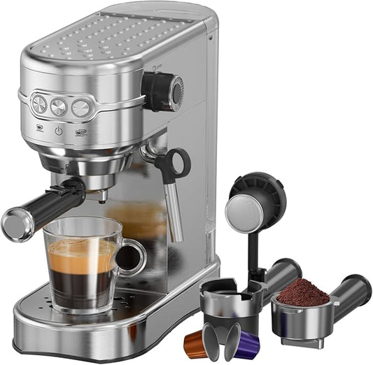 20-Bar Espresso Machine & Coffee Machine – Compatible with N Espresso Capsule & Coffee Ground,Stainless Steel Milk Frother – 34 oz Espresso Cup - Latte Machine & Cappuccino Machine