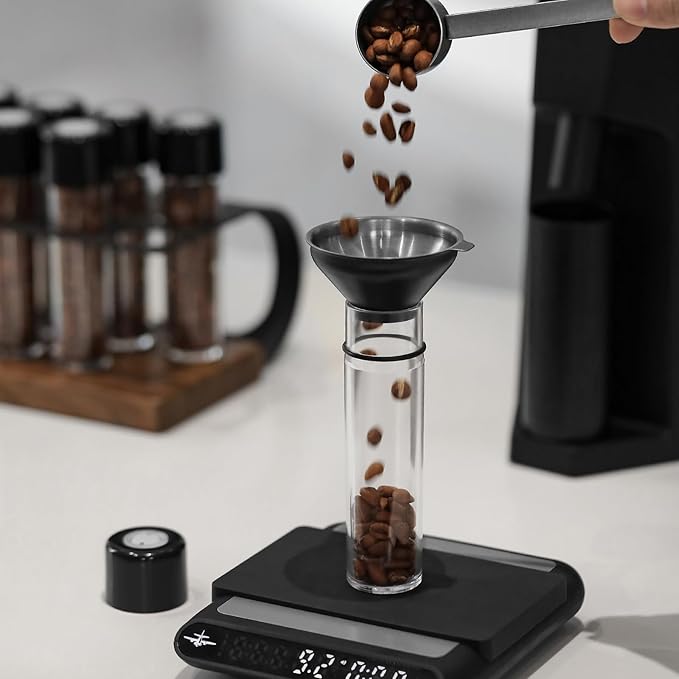 MHW-3BOMBER Single Dose Coffee Bean Storage Tubes, 8 pcs, Coffee Bean Cellars with One-Way Exhaust Valve,Espresso Dosing Vials with Walnut Stand & Hopper, C5152-OS