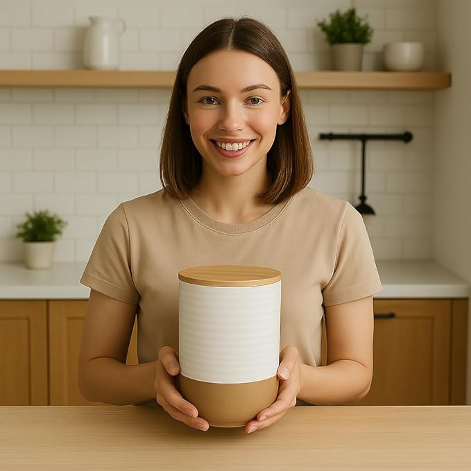HASENSE Ceramic Kitchen Canisters with Bamboo Lids – 80oz & 24oz Storage Jars Set – 7.5" + 5.9" Airtight Pantry Containers for Tea, Coffee, Flour, Snacks – Modern Minimalist Design 2-Pack White