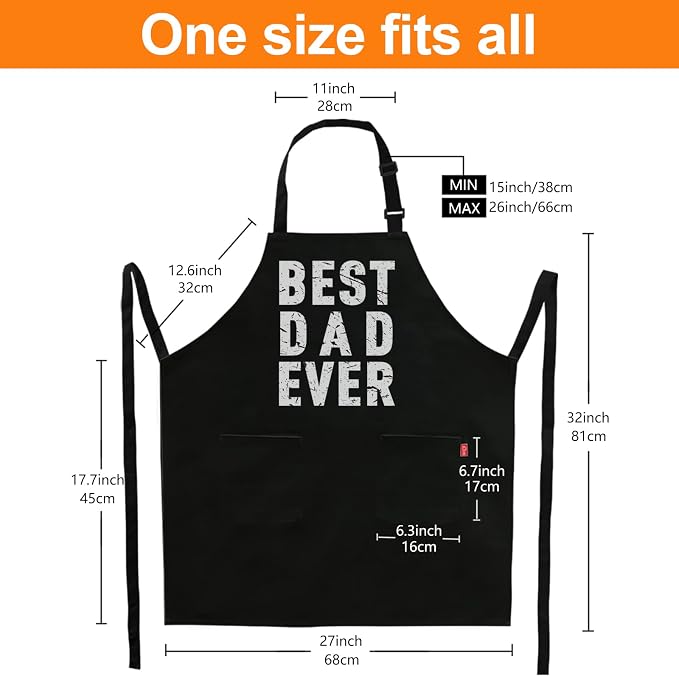 BBQ Funny Apron for Men - Best Dad Ever - Chef Bib Apron with 2 Pockets, Adjustable Neck Strap and 40" Long Ties - Best for Kitchen Cooking, Grilling, Baking, Gardening - Black - Image 4