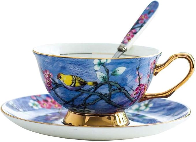 YBK Tech Euro Style Cup& Saucer Set Art Bone China Ceramic Tea Coffee Cup for Breakfast Home Kitchen- Birds and Trees Patterns (Bright Blue)