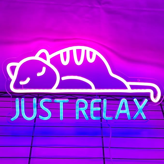 Cat Led Neon Sign Just Relax Words Neon Sign Pink Blue Led Signs for Wall Decor Animal Wall Art Neon Light Sign USB Powered for Pet Lover Party Bedroom Birthday Game Room Man Cave Gifts