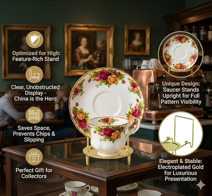 HOHIYA 6 Piece Cup and Saucer Display Stan Decorative Teacup and Coffee Mug Rack Organizer Gold Finish Compact Tabletop Display for China Tea Cups Plates and Dishware