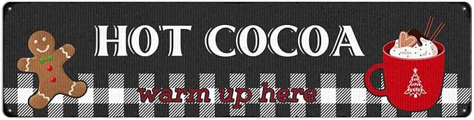 Hot Cocoa Warm Up Here Christmas Metal Sign Vintage Print Art Poster Tin Hanging Plaque for Home Kitchen Patio Yard Office Cafe Coffee Bar Front Door Wall Decor Novelty Gift 16" x 4" by SCAZOMV