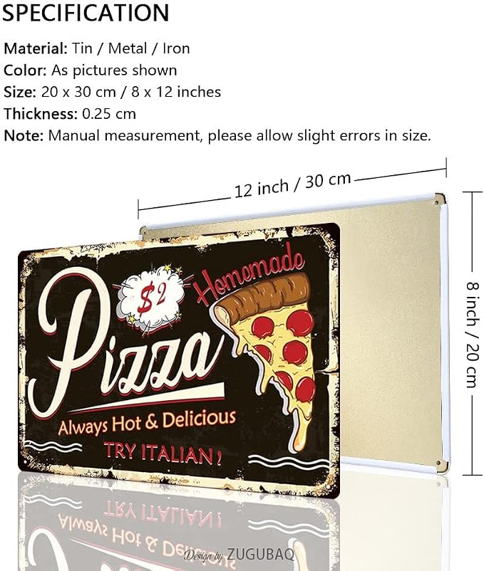 Pizza Tin Signs Vintage Metal Sign Funny Food Art Printing Poster Wall Decor for Home Kitchen Bar Restaurant Cafe Pub Indoor Outdoor 12x8 Inch Hanging Plaque - Image 2