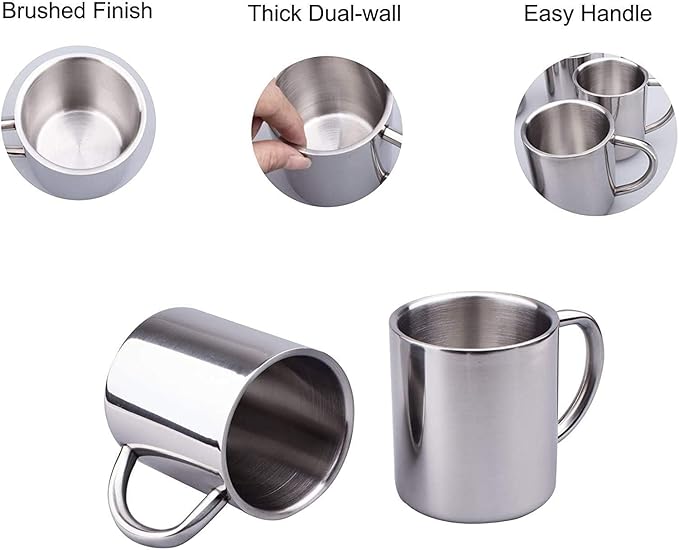 IMEEA 7.5oz Small Espresso Mug Stainless Steel, Double Walled Coffee Cup with Handle for Kids, Milk & Water, Set of 2