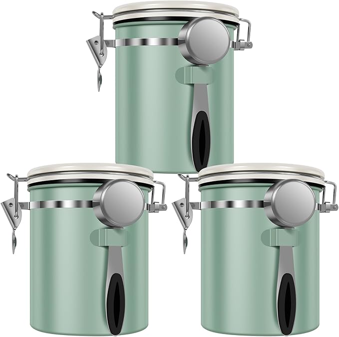 3PCS Coffee Storage Canister,1.5L 51OZ Double Airtight Coffee Beans Container with Date Locator,304 Stainless Steel Kitchen Food Storage Container with Spoon,for Coffee Beans Grounds Tea Sugar