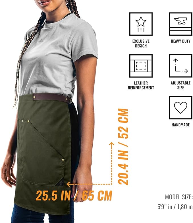 Under NY Sky Half Barista Apron - Brown Leather Strap - Riveted Pockets - Double Stiched - Leather Loop - Professional Twill - Bistro, Restaurant, Waiter, Bartender, Server - Green Half Waist Apron