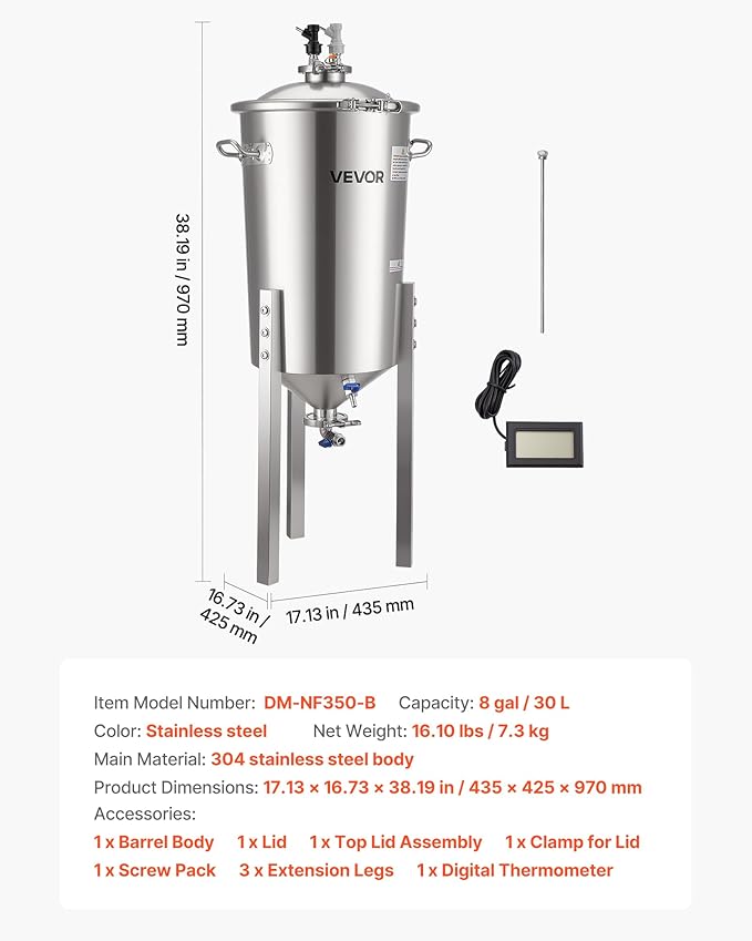 VEVOR Pressure Fermenter 15 PSI, 8 Gal/30L All-in-One Stainless Steel Conical Secondary Fermentation Bucket, for Wine, Beer Brewing Equipment