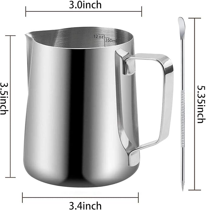 Milk Frothing Pitchers-12oz/350ML Stainless Steel Steaming Pitchers, Scale Coffee/Milk/Cappuccino/Latte Art Barista Steam Pitchers