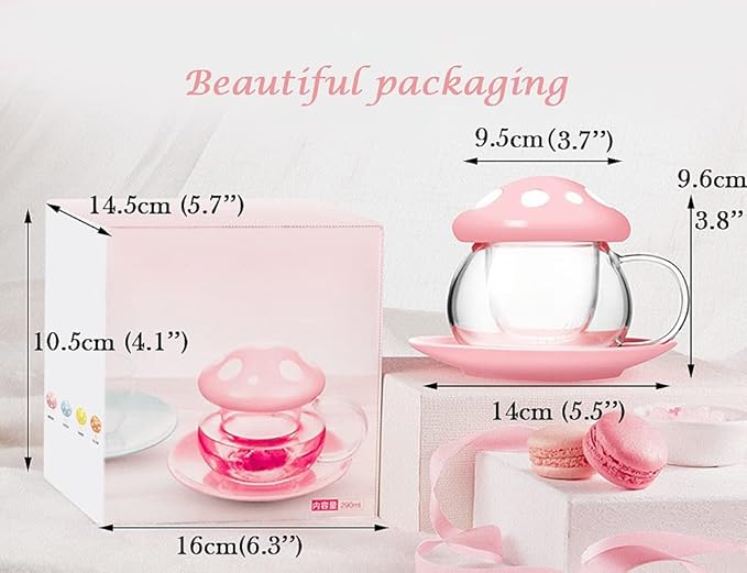 Mushroom Tea Cup Set, Cute Glass Tea Cups and Saucers, Kawaii Tea Cup with Infuser for Loose Leaf Tea Steeper, Coffee Mug Christmas Gifts for Women,Tea Infuser Mug with Lid for Mother Girls (Yellow)