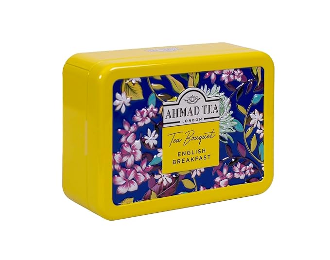 Ahmad Tea Floral Tea Tin Gift, Yellow Caddy, English Breakfast, 10 Tea Bags