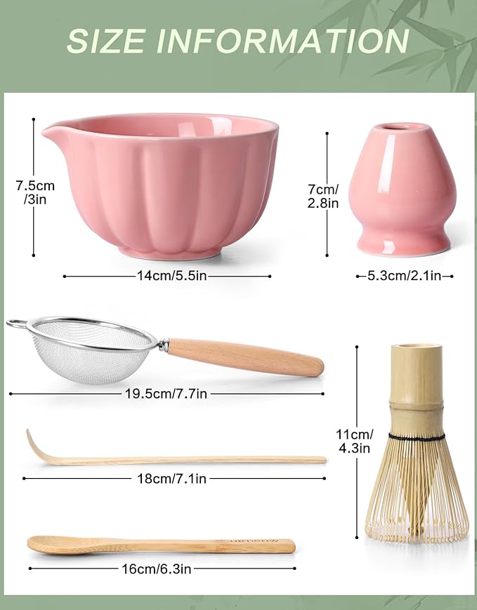 Matcha Whisk Set, 7 Pcs, Matcha Kit Includes Matcha Bowl, Matcha Whisk and Holder, Bamboo Scoop, Spoon, Sifter and Tea Towel, Matcha Set, Gift for Matcha Lovers & Beginners (Pink)