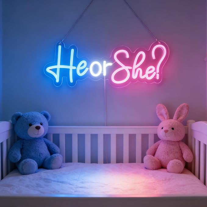 He or She Neon Signs Led Gender Reveal Party Decorations Neon Letters Signs Pregnancy Announcement Party Supplies Baby Shower Yard Signs(Pink-blue) - Image 4