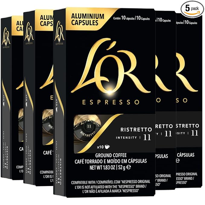 L'OR Espresso Capsules, 50 Count Ristretto, Single-Serve Aluminum Coffee Capsules Compatible with the L'OR BARISTA System & *Nespresso Original Machines, 50 Count (Pack of 5)