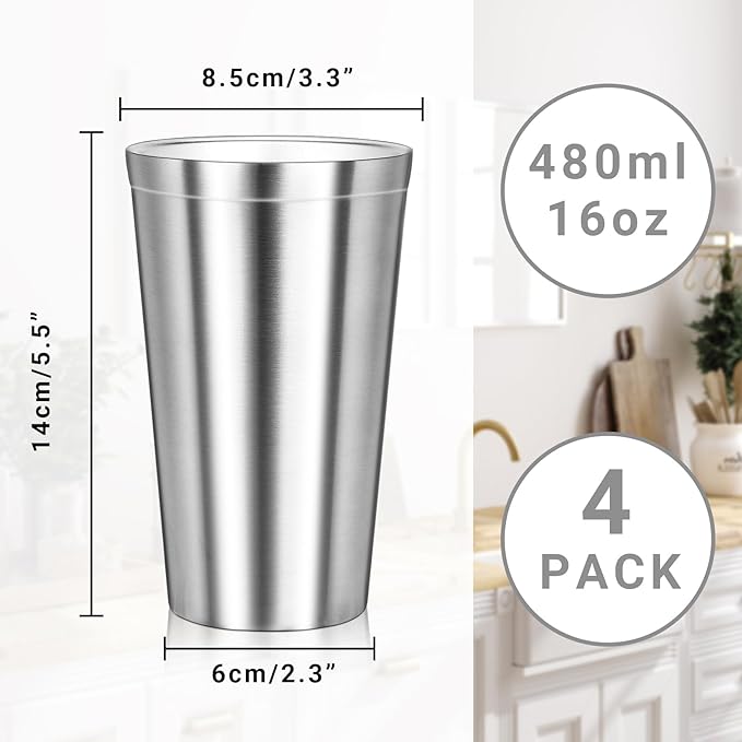 Stainless Steel Cups, 16 oz Insulated Tumbler, 4 Pack Double Wall Unbreakable Stackable Water Tumblers Insulated Metal Cup Premium Drinking Glasses for Travel Camping Home Outdoor