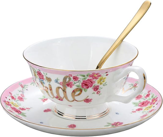 Rtteri Bride Teacup and Saucer Set 7oz Bridal Shower Teacup Porcelain Ceramic Tea Cups for Bridal Shower Tea Party Wedding Decor Victorian Elegant Coffee(Pink,Floral)