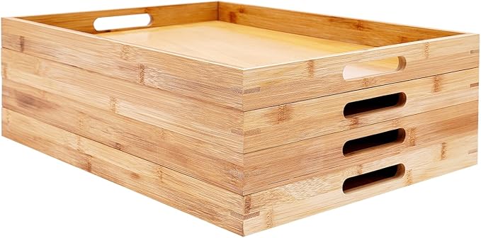 4 Pack Bamboo Serving Tray with Handles Kitchen Large Food Bamboo Tray Couch Tray Tea Decorative Serving Pallet for Dinner, Breakfast, Table Snack, 18.1×13×1.4In