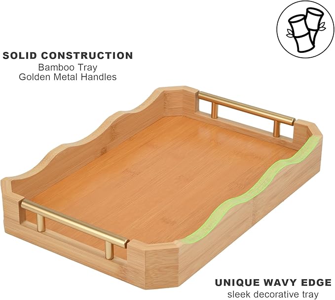 2 Pack Bamboo Trays with Handles - Decorative Stackable Ottoman & Serving Trays for Coffee Table, Breakfast in Bed, Couch Snacking, Home Decor (Varnished)