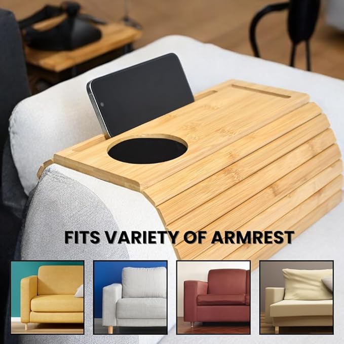 Bamboo Sofa Arm Tray, Couch Armrest Tray - Natural Bamboo Design Couch Armrest Table Caddy for Snacks, Drinks, Remote, Cups | Flexible & Foldable (Natural Bamboo)