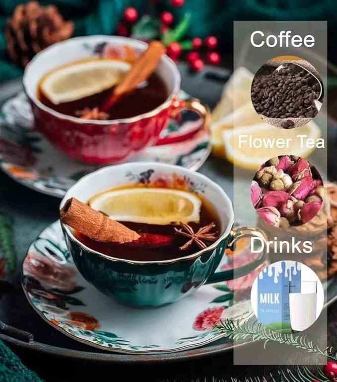 Porcelain Tea Cup with Saucers and Spoon, 2 Sets of 8 Oz Floral Coffee Mug with Gold Trim Holder, Royal Ceramic Teacup Set, Espresso Latte Mugs for Wedding Birthday Party Table Supplies (Red + Green)