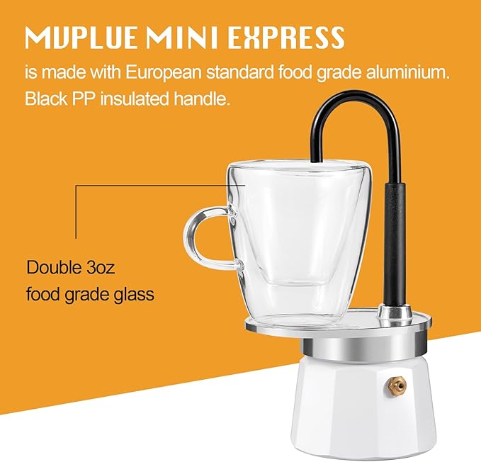 MVPLUE-Mini Express Swiss Single Tube Moka Pot Aluminum Ivory white，Moka Set includes One Double Wall 3oz Cup,Enjoy delicious coffee in no time
