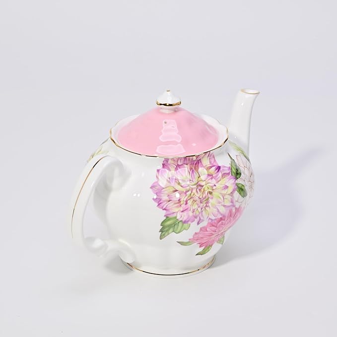 Bone China Teapot, English Teaset, Dahlia Floral Design with Golden Rim, 37 Oz