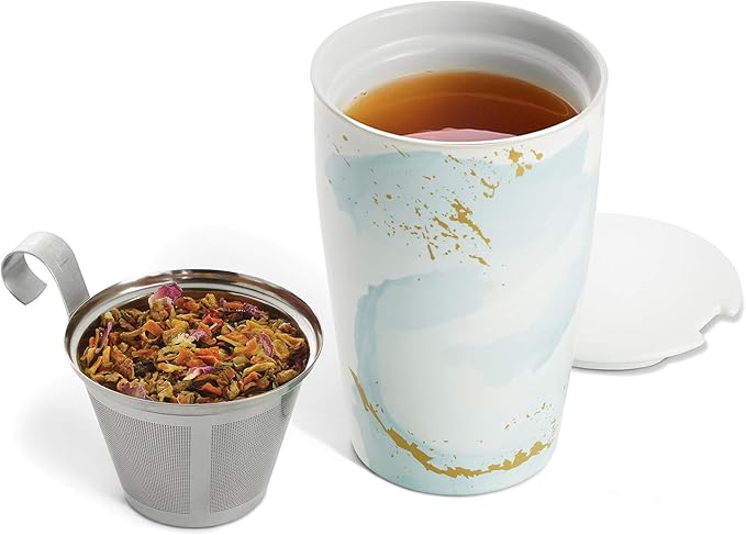 Tea Forte Double-Walled Ceramic Kati Cup, Removable Stainless Steel Infuser Basket and Lid, Steeps 12 oz Loose Leaf Tea, Dishwasher & Microwave Safe, Wellbeing (Blue/Gold)