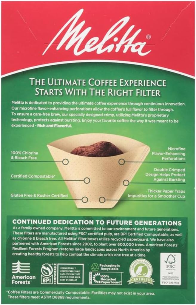 Melitta #4 Cone Coffee Filters, Natural Brown, 100 Count (Pack Of 6), 600 Total Filters - Fits all 8-12 Cup Cone Coffee Makers and Pour-Overs, Compostable, Tear-Resistant